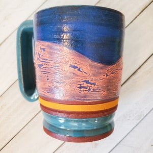 Blue and Orange Pebble Textured Ceramic Mug, Large Sunset Colored Ceramic Mug image 8