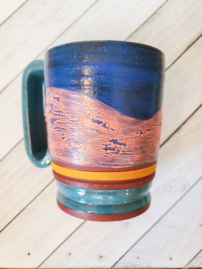 Blue and Orange Pebble Textured Ceramic Mug, Large Sunset Colored Ceramic Mug image 8