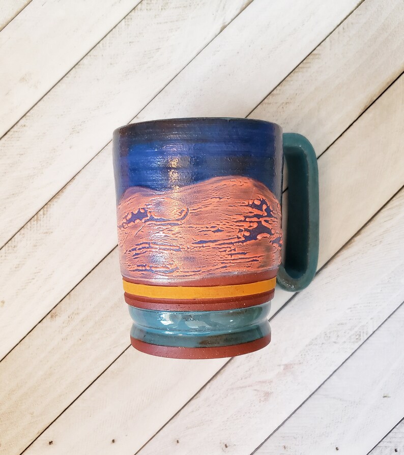 Blue and Orange Pebble Textured Ceramic Mug, Large Sunset Colored Ceramic Mug image 1