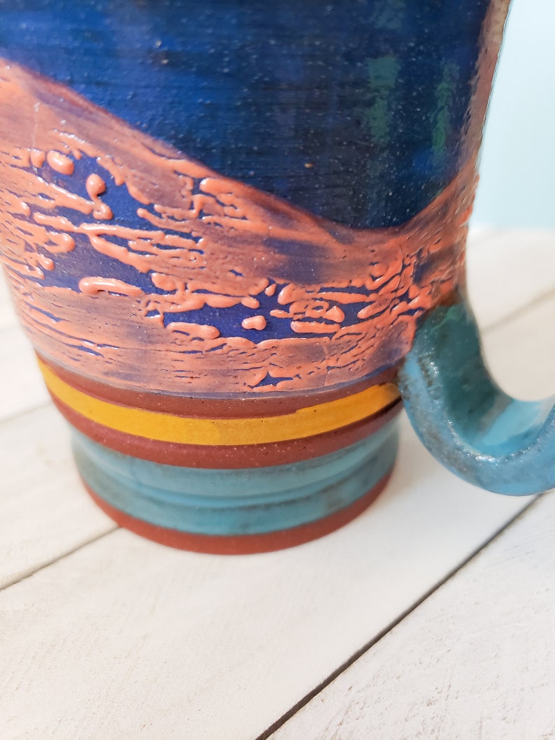 Blue and Orange Pebble Textured Ceramic Mug, Large Sunset Colored Ceramic Mug image 9