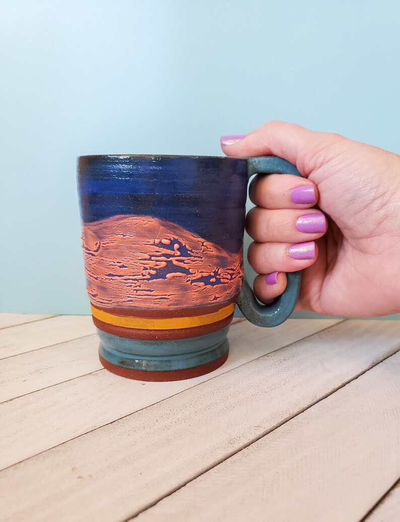 Blue and Orange Pebble Textured Ceramic Mug, Large Sunset Colored Ceramic Mug image 7