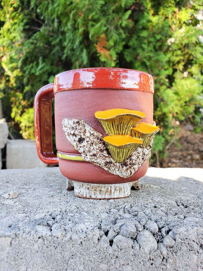 Yellow Chanterelle Mushroom Red Clay Mug, Colorful Mushroom Coffee Mug