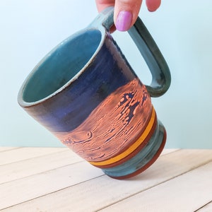 Blue and Orange Pebble Textured Ceramic Mug, Large Sunset Colored Ceramic Mug image 3