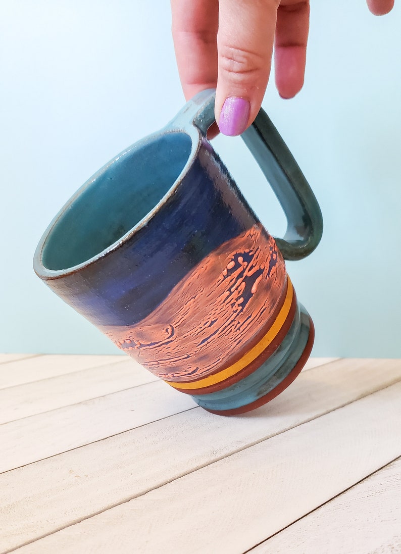 Blue and Orange Pebble Textured Ceramic Mug, Large Sunset Colored Ceramic Mug image 3