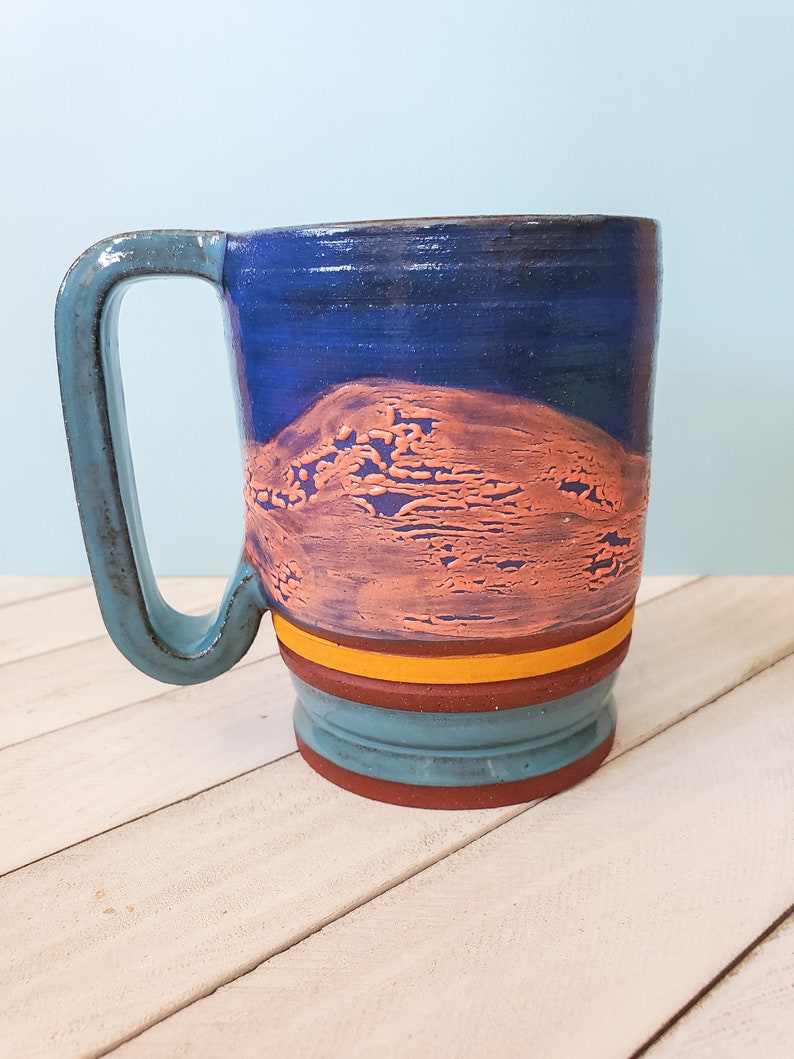 Blue and Orange Pebble Textured Ceramic Mug, Large Sunset Colored Ceramic Mug image 10