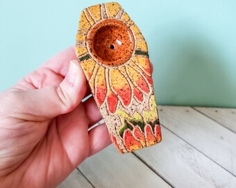 Sunflower Coffin Pipe, Handmade Speckled Clay Coffin Pipe, Handmade Nature Ceramic Pipe