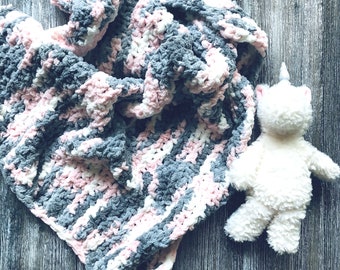 Handmade Crochet Baby Blanket for Girl – Pink, Grey & White