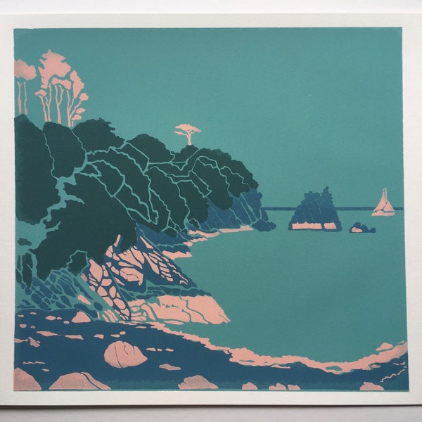 Midsummer Cove Screenprint A3, Coastal Print, Landscape Print, Seascape