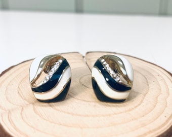 Vintage gold tone black/white enamel and rhinestone stud and post earrings. 80's 90's jewelry