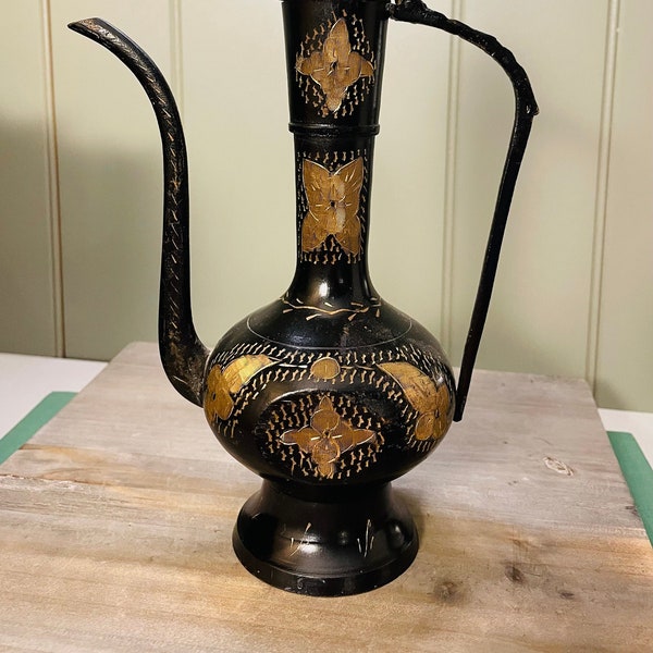 Vintage black and gold etched metal Persian teapot