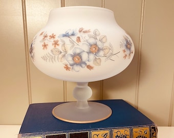 Vintage 60's 70's Norleans frosted glass footed compote bowl.Blue/brown floral.Gold trim. vases/servers/trinket bowls cottage retro nature