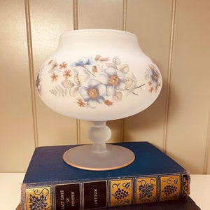 Vintage 60's 70's Norleans frosted glass footed compote bowl.Blue/brown floral.Gold trim. vases/servers/trinket bowls cottage retro nature