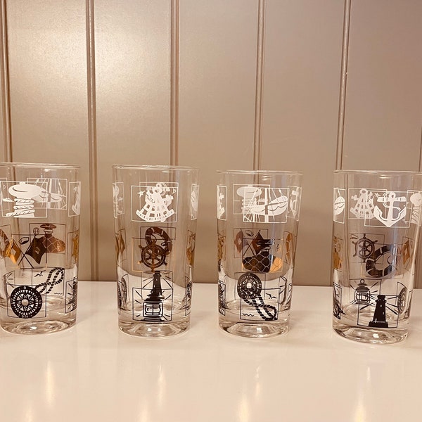 Vintage rare Hazel Atlas set of four white/black/gold embossed drinking glasses with nautical theme.highball cocktail barware.Anchor compass