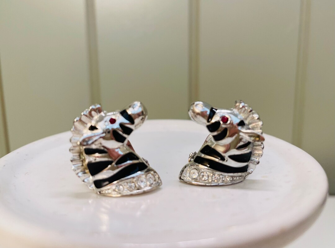 Zebra Rhinestones Vintage Rhinestone Zebra Clip on Earrings. Faux Ruby Eyes. Whimsical ...