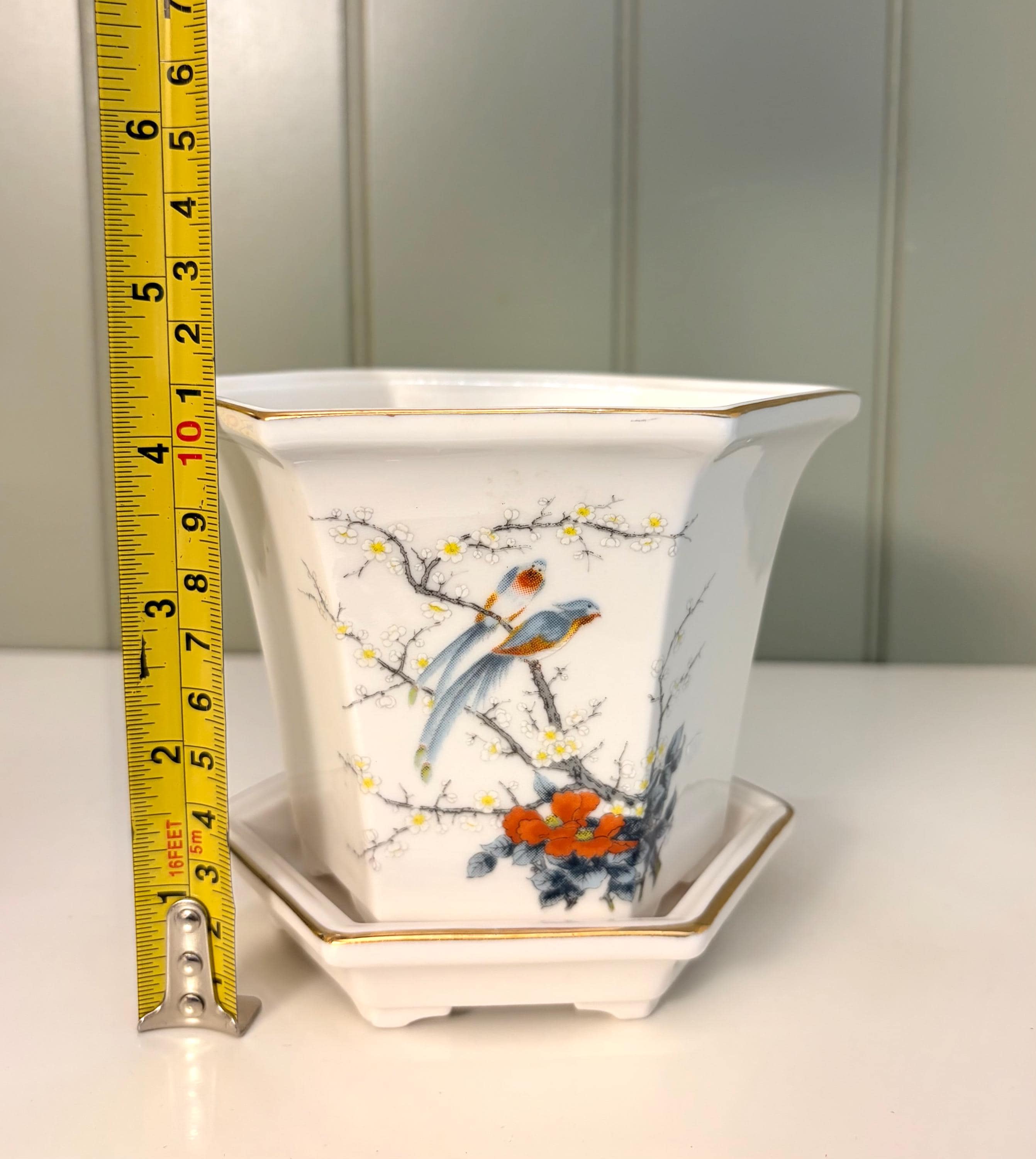 Vintage Jay Japan Botanical Ceramic Hexagonal Planter Pot and