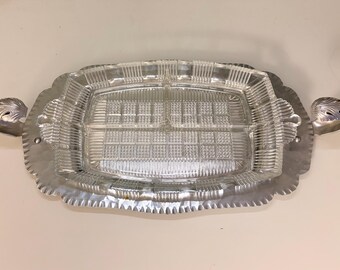 Vintage Trade Continental hand wrought aluminum and glass divided relish tray. Silverlook 597 Scroll handles.