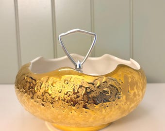 Vintage MCM 22k weeping gold scalloped serving bowl with handle