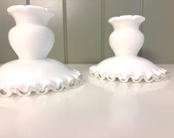 Vintage Fenton white milk glass Silvercrest ruffled taper candle stick holders
