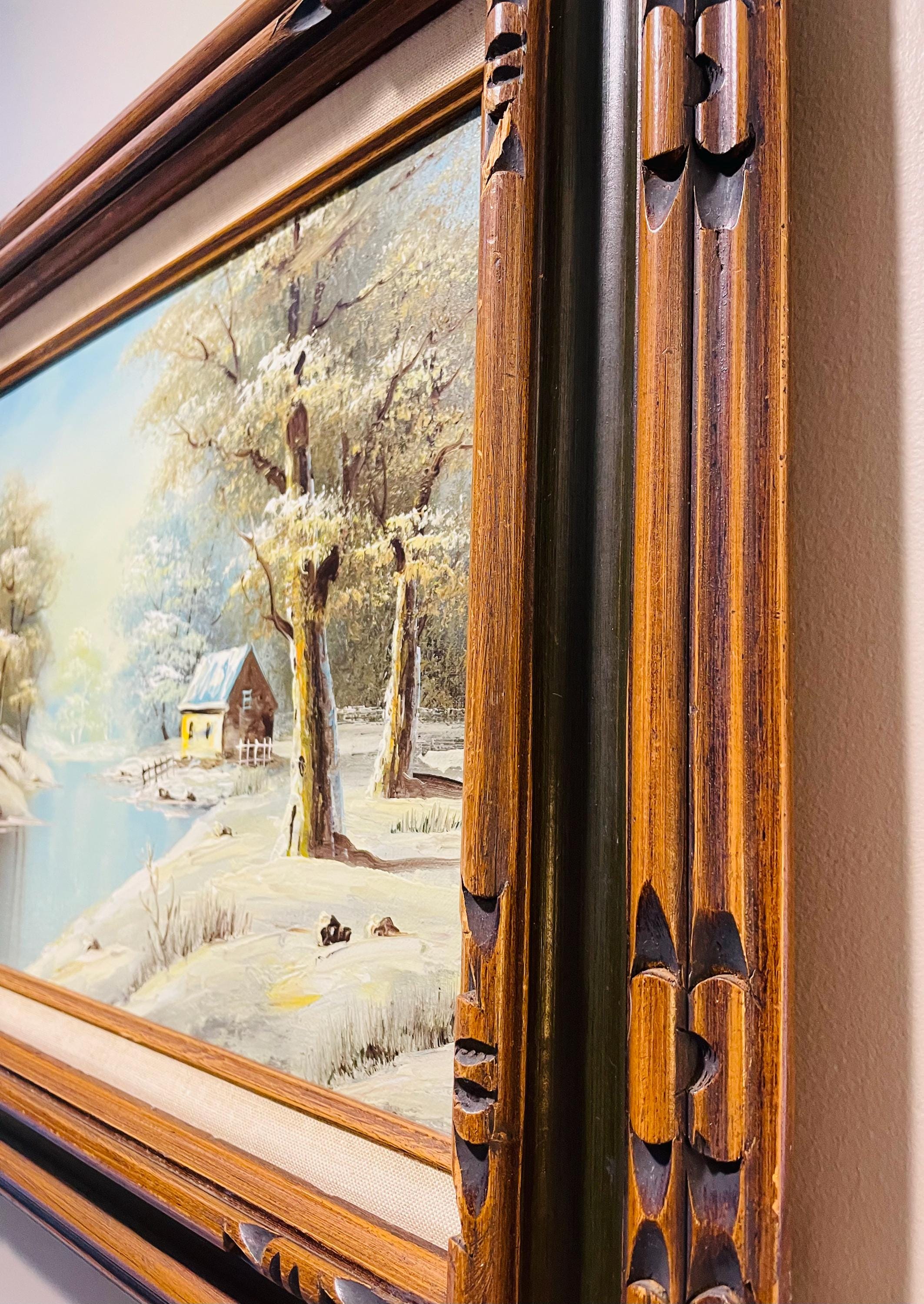 Vintage Brian Roche Winter Scene Oil Painting in Carved Wooden Frame ...