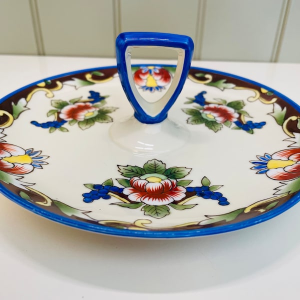 Vintage white/bluemulti art deco floral Noritake China serving tray with handle. Handpainted. Stamped on bottom fine dining cottagecore