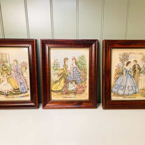 Vintage Godey's Fashion from 1870. prints on cloth. Dark wood frame 10" x 8" Antique gowns 1800's Victorian powder room