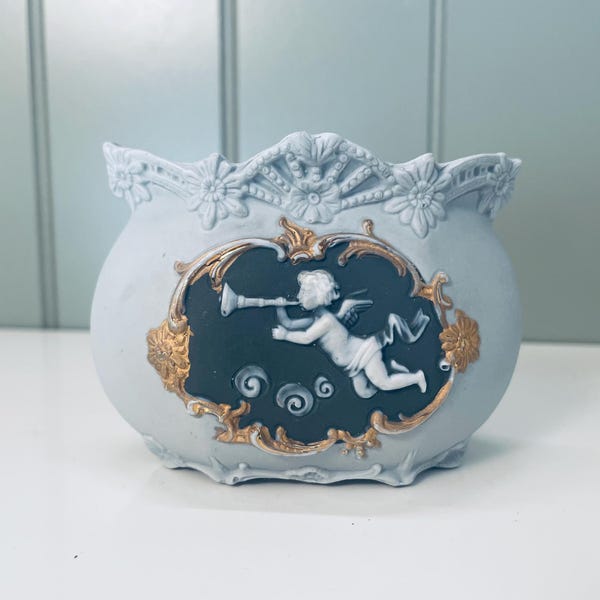 Vintage/Antique  Schafer and Vater jasperware mint green ceramic bud vase, Cherubs/cupids hand painted ornate scalloped decor