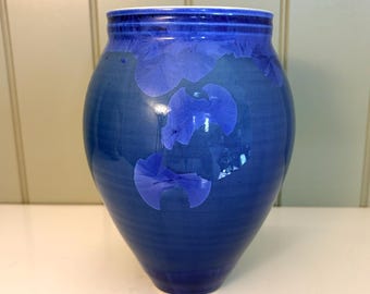 Vintage rare! Cobalt blue crystalline glazed ceramic vase. 7" Artist signed. 1988