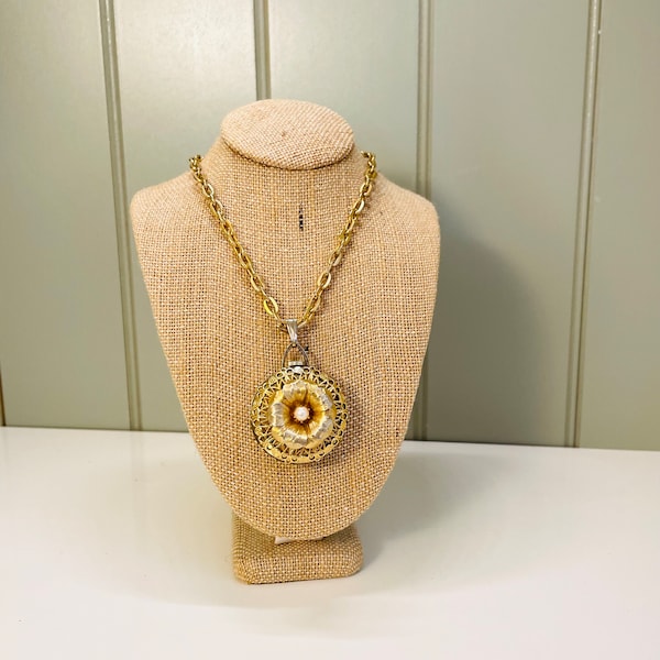 Vintage Heritage Swiss made timepiece/pendant  gold tone reversible necklace. Floral pendant faux pearl. Swiss watch 60's 70's