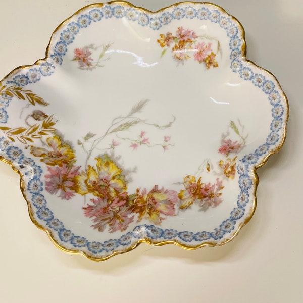 Vintage Limoges Haviland France fine china hand painted ruffled edge floral bowl. Signed