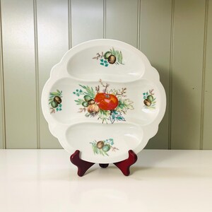 May include: White ceramic serving dish with three divided sections. The dish features a painted design of green leaves, red tomatoes, and brown olives.