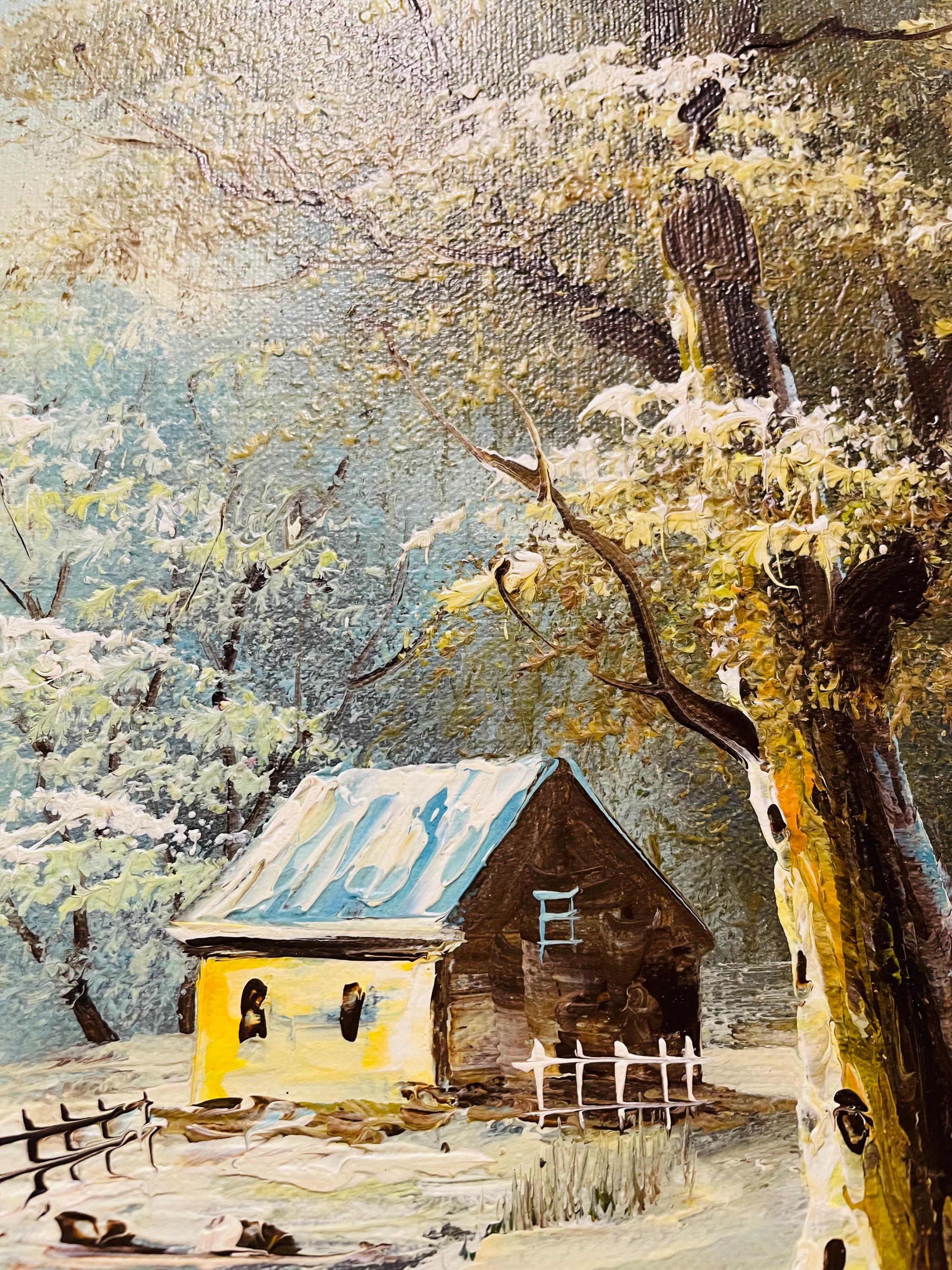 Vintage Brian Roche Winter Scene Oil Painting in Carved Wooden Frame ...