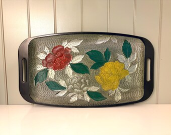 Vintage embossed floral tray. Red and yellow roses. 1980's. plastic.