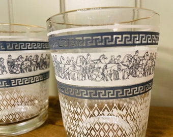 Vintage Set Of 2 Jeanette Greco-Roman themed Tumblers Blue/white
