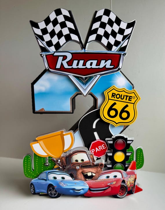 Cars Birthday Centerpiece Number 3D - Lightning McQueen Table Decoration - Route 66 Party Decor - Personalized Disney Cars Party Prop