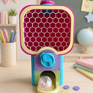 Può includere: Un colorato distributore automatico giocattolo con un'area espositiva rosa brillante a nido d'ape, una base azzurra e una manopola viola. Una capsula di plastica trasparente si trova nel vassoio di erogazione, circondata da monete di plastica.