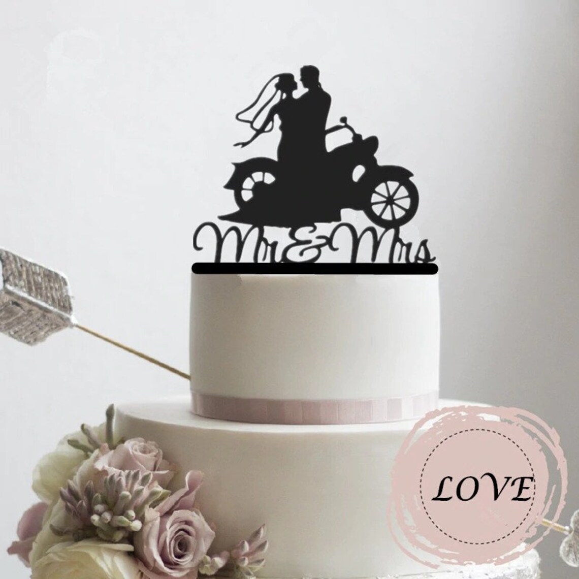 Motorcycle Couple Wedding Cake Topper with love heart Mr & | Etsy