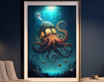 Steampunk Octopus Painting Fantasy Ocean Drawing Colourful Painting Wall Art Wall Decor For Home Gift For Friend Ocean Art For Ocean Lover