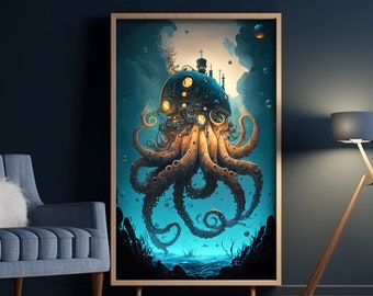 Steampunk Octopus Painting Fantasy Ocean Drawing Colourful Painting Wall Art Wall Decor For Home Gift For Friend Ocean Art For Ocean Lover