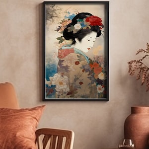 Póster de geisha, arte mural japonés, impresiones de arte japonés, decoración japonesa, arte mural de geisha, arte mural minimalista, arte vintage japonés, decoración del hogar