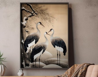 Póster de grúas, arte de pared japonés, impresiones de arte japonés, decoración japonesa, arte de pared de pájaros, arte de pared minimalista, arte vintage japonés, decoración del hogar