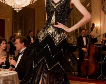 Puede incluir: Vestido negro de estilo flapper con lentejuelas doradas y dobladillo en zigzag. El vestido sin mangas tiene cuello en V y flecos largos. La mujer está en un salón de baile con una lámpara de araña y una banda de jazz.