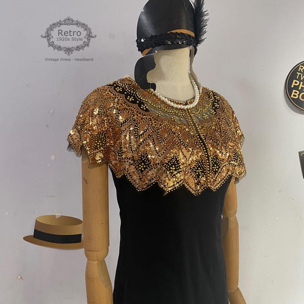 Gold Sequin Beaded 1920s Shawl: Gatsby Evening Cape
