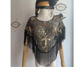 1920s Gold Sequin Beaded Bridal Evening Cape Guest Bolero Gatsby Party Shawl Flapper Cover up / Roaing 20s Fringed Wedding Wraps