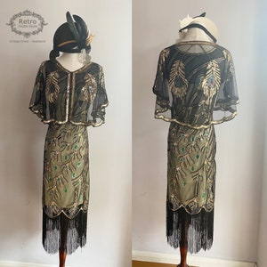 1920s Vintage Gatsby Beaded Sequins Peacock Flapper Dress Roaring Wedding Evening/Cocktail Party Capelet Gown (1 Dress,1 Capelet,1Headband)