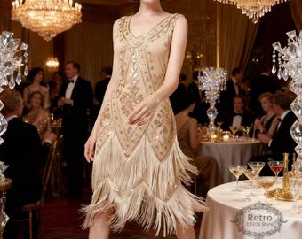May include: A beige flapper dress with intricate beadwork and fringe detailing. The sleeveless dress has a V-neck and a decorative pattern. The image is labeled "Retro 1920s Style" and shows a vintage dress.