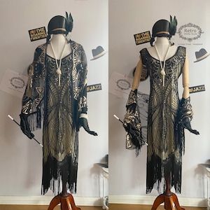 Black Apricot 1920s Women's Gatsby Costume Flapper Dresses V Neck Fringed Dress Sequins beaded Embroidered Gown & Long Shawl