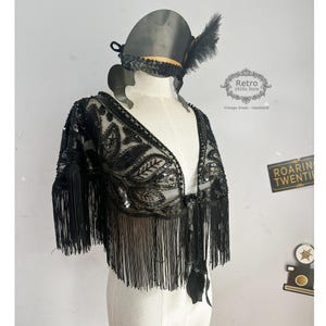 1920s Art Deco Gatsby Sequin Beaded Sheer Capelet/Roaing Vintage Shrug Shawl/Bolero Flapper Wedding Bridal Cover Up/Black Silver