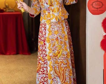 Embroidered Dragon Phoenix Qun Kwa, Traditional Chinese Wedding Dress