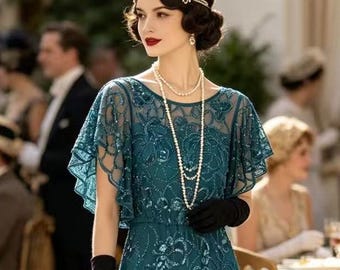 Vestido largo de noche de encaje con lentejuelas brillantes, vestido formal con mangas con volantes, vestido maxi inspirado en Gatsby de los años 20, vestido de cóctel para la madre de la novia
