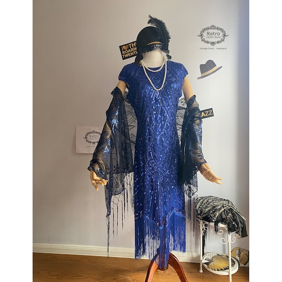 Bleu années 1920 Femmes Gatsby Costume Flapper Robes FrangéEs Paillettes  Perlée Robe Brodée & Bleu Marine Châle / Bandeau -  France